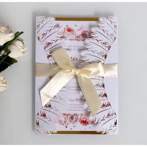 White Wedding Invitation Card Feather Pattern Laser-hollowed Design